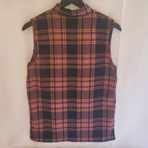 J.M. Fleurette Plaid Black and Salmon Pink Sleeveless Mock Turtleneck Top Size L